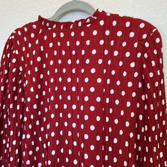 Lulus Pleat to Meet You Wine Red Polka Dot Long Sleeve Shift Dress - Picture 6 of 8